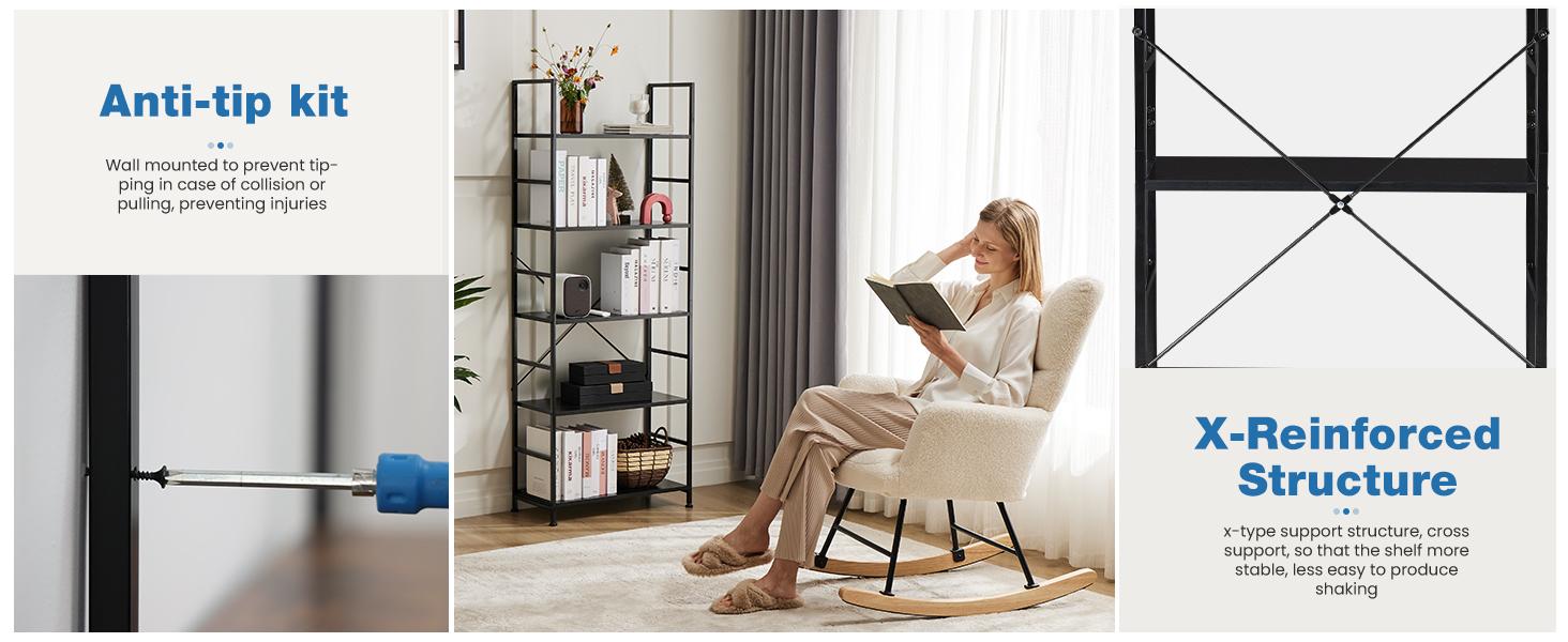 Storage Rack, 5 Tier Bookcase, Vintage Storage Rack with Open Shelves in Living Room/Home/Office, Metal Frame Display Rack Books Holder Organizer