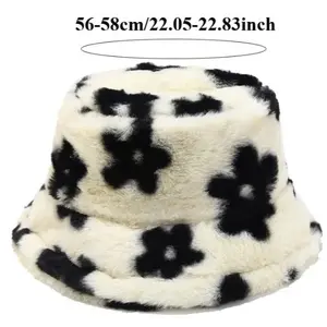 Fur Style Flower Pattern Bucket Hat Soft Fluff for Men and Women Unisex