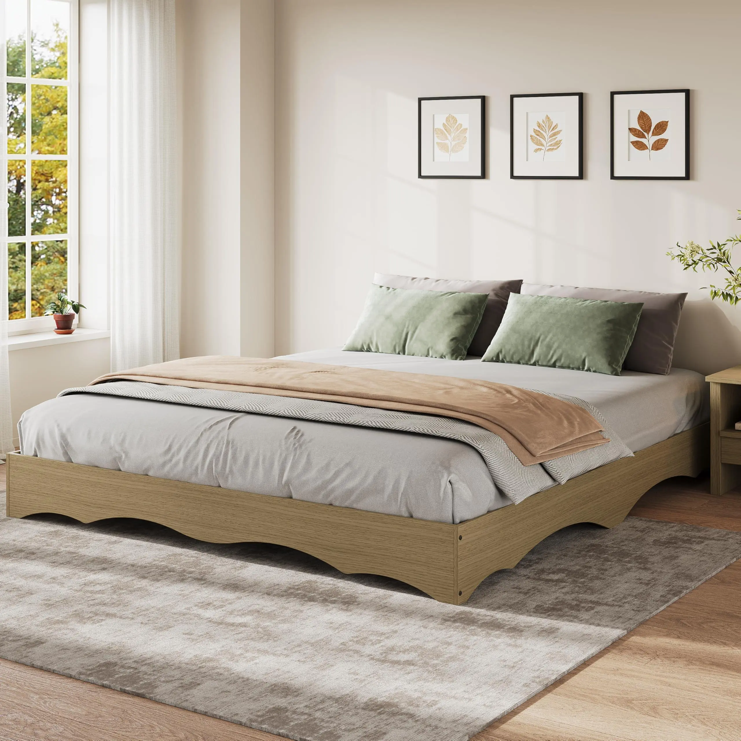 California King-Sized Wood Platform Bed - Wave Edge Design, Sturdy Slat Support, Headboard-Free, Noise-Free, No Box Spring Needed, Easy Assembly