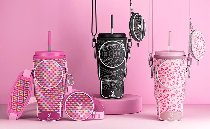 MEOKY water bottle bag, perfect for on-the-go, with an adjustable shoulder strap. Made of high-quality, waterproof and wear-resistant materials.Premium Silicone 3-Compartment Lcd Cube Tray with Leak-Proof Lid - Car Handle Cup.reusable,Valentine's Day gift