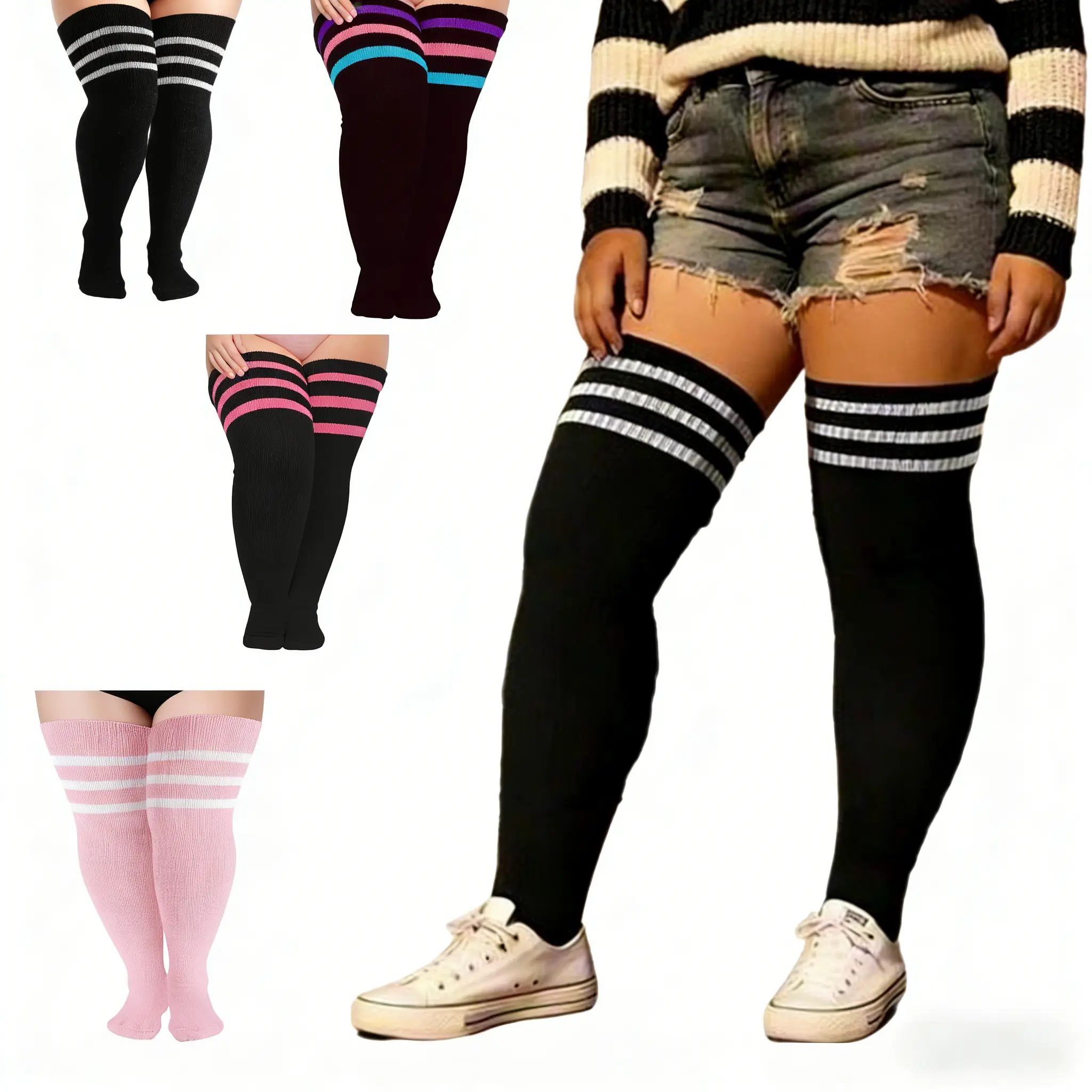 Women's Stockings, Plus Size Thigh Highs Socks with Stripes for Thick Thighs-Leg