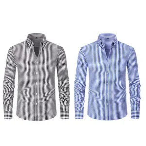 Men’s Solid Plaid Long-Sleeve Slim Fit Shirt, Wrinkle-Resistant, Spring/Autumn, Business Casual