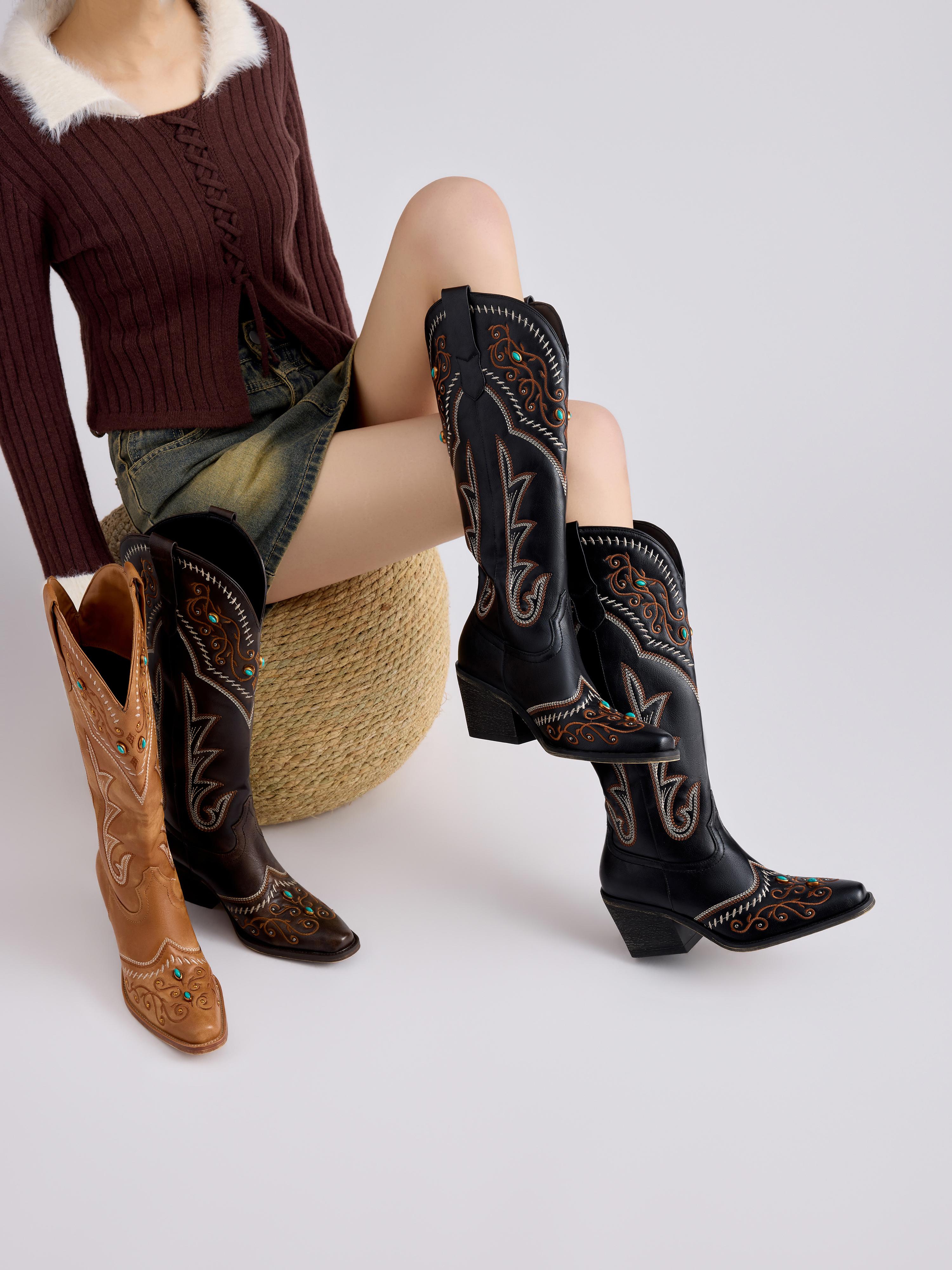 ReneChristine Women's Embroidery Western Cowboy Boots with Studs & Emerald Gemstones, Knee High Wide Calf Cowgirl Boots for Gatherings Weekend Hangouts Black Leather fur boots knee high boots boots for fall thigh high boots brown boots cowgirl boots Sprin