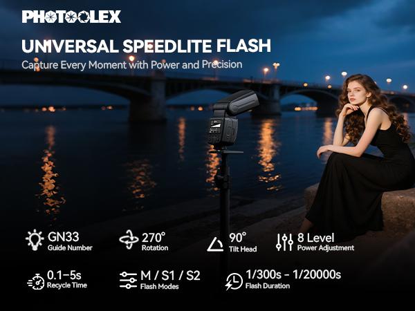 PHOTOOLEX FK300 Camera Flash Speedlite for Photography, GN33 Universal DSLR Flash with 270° Swivel & 90° Tilt Head, 8 Power Levels, 0.1–5s Recycle, M/S1/S2 Optical Slave, Portable Flash for Canon Nikon Sony Fujifilm Olympus Cameras