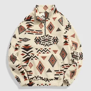 Men's Ethnic Geometric Pattern Quarter Zip Plush Sweatshirt, Casual Fleece Pullover with Pocket, Warm High Neck Collared Jacket for Winter Daily & Sports Wear