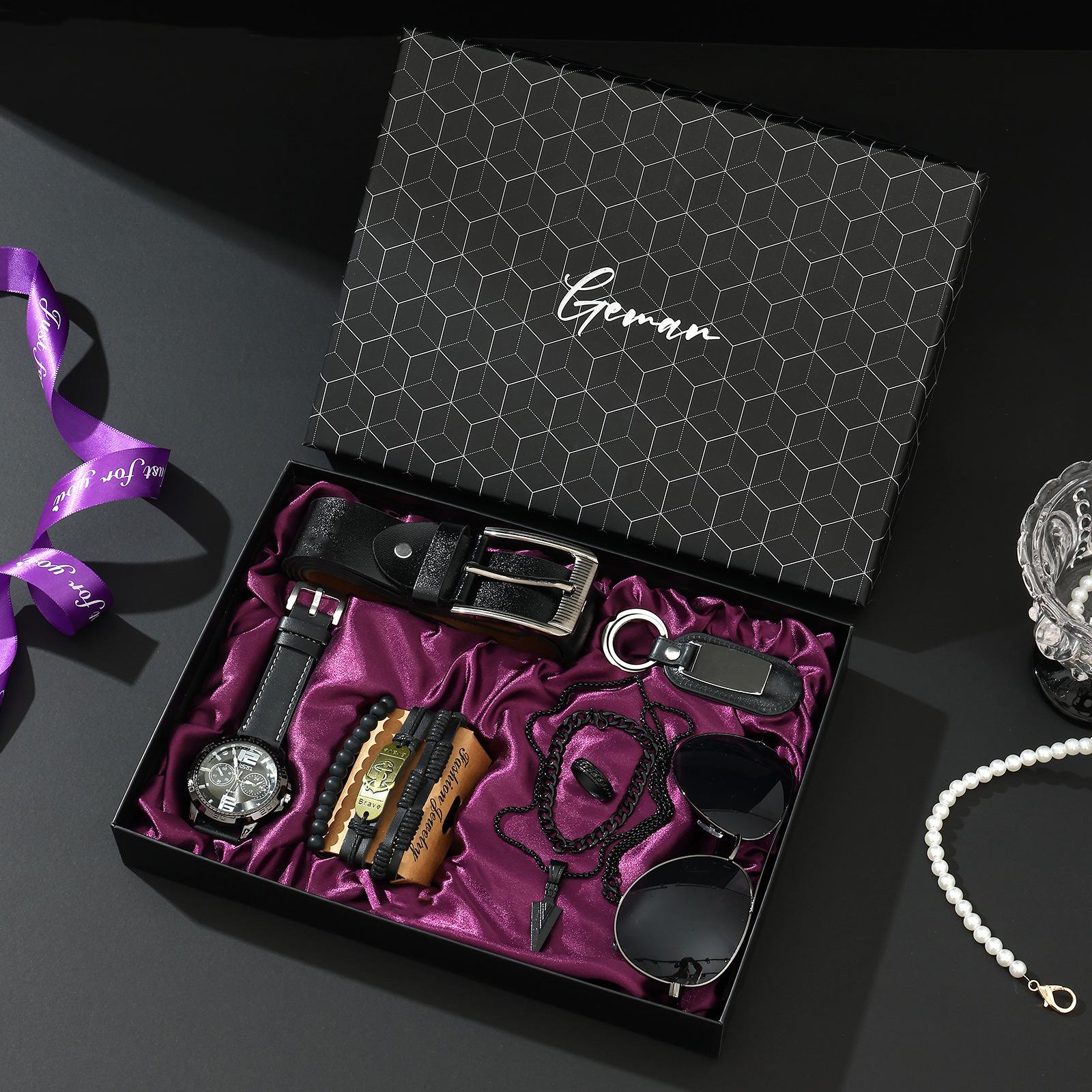 Luxury Gift Set for Men (Seven Pieces): Watch, Glasses, Pen, Keychain, Belt, Wallet - Perfect for Holidays and Birthdays