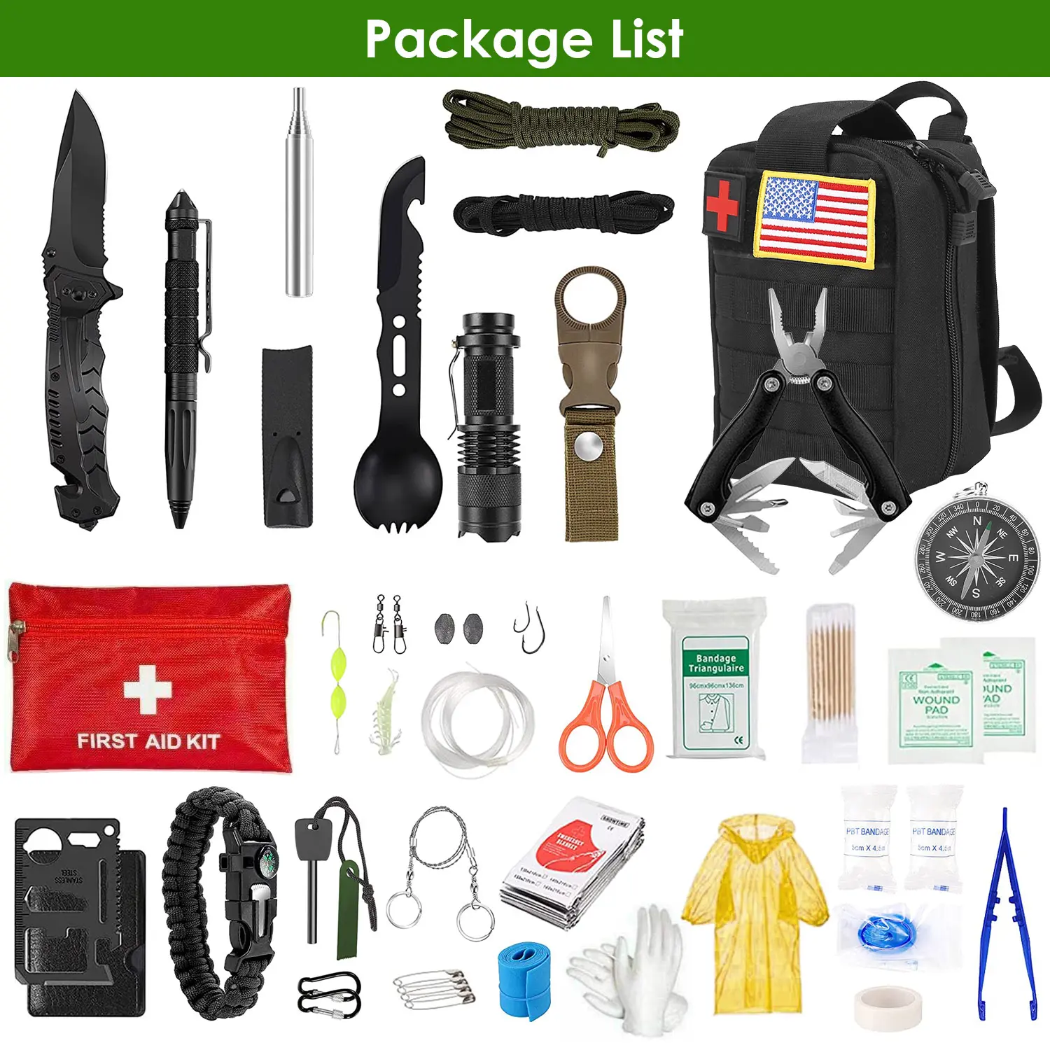 47Pcs Emergency Survival Kit Survival EDC Gear Equipment Tool First Aid Supplies Kit Tools With Pouch For Hiking Hunting Disaster Camping Adventure#space saving#homeupgrade
