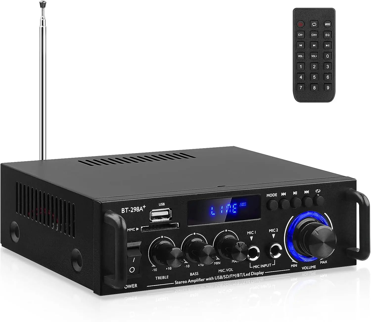 BT-298A+ Bluetooth 5.0 2-Channel Stereo Sound Home Amplifier Receiver - 40W x 2 Power, Line Input, Bluetooth Input, Dual Mic Jacks Add Vocal Flexibility, 4-16 Ohm Passive Tower Speakers, Smartphones, Festivals