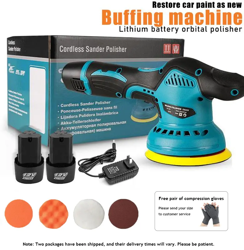 6-in-1 Cordless Sander Polisher Wireless Car Polishing Kit with 2×12V Batteries, 8-Speed Settings, 5500 RPM Random-Orbit Polisher, Free Half-Finger Silicone Fleece Pressure Gloves for Efficient Detailing, Car/Motorcycle/Boat Maintenance & Scratch Repair