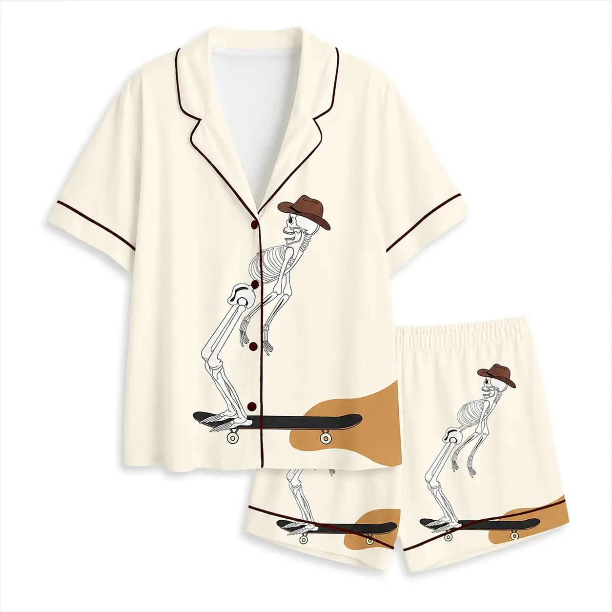 Women’s Skeleton Cowboy Halloween Pajama Set, Western Skateboard Satin Sleepwear Breathable Bridal