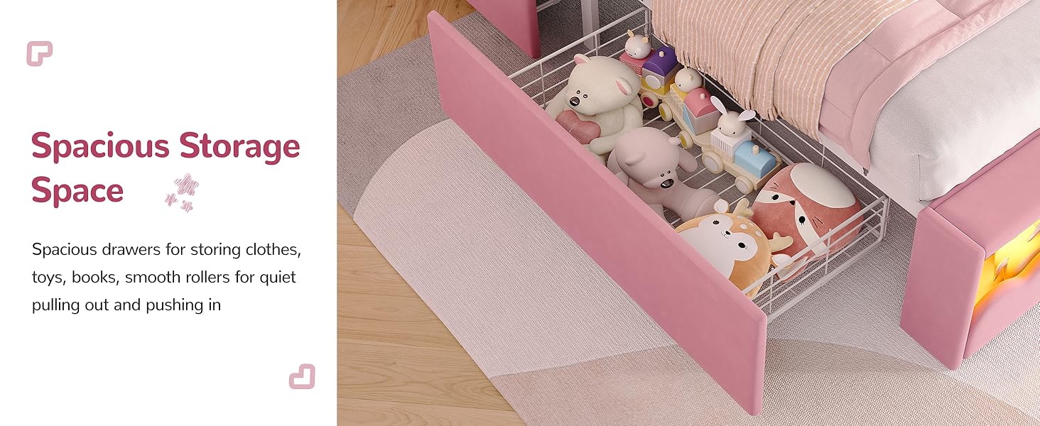 Vabches Twin LED Bed Frame with Storage Headboard and 4 Drawers, Upholstered Platform Bed Frame with Bookcase, Velvet Princess Bed for Kids Girls, Charging Station, No Box Spring Needed