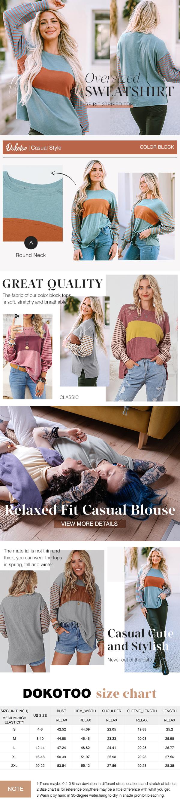 Dokotoo Long Sleeve Fall Tops Oversized 2026 Trendy Round Crew Neck Casual Color Block Womens Shirts Blouses Dokotoo Long Sleeve Fall Tops Oversized 2026 Trendy Round Crew Neck Casual Color Block Womens Shirts Blouses