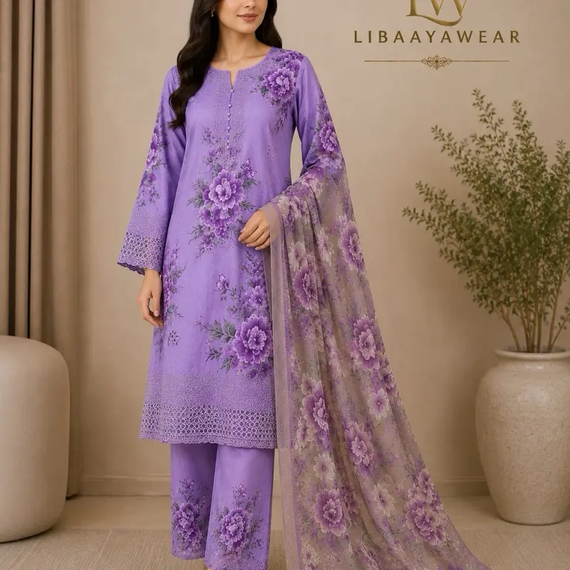 LibaayaWear Purple Floral 3 Piece Lawn Suit | Printed Shirt, Trouser & Chiffon Dupatta | Pakistani Women’s Dress