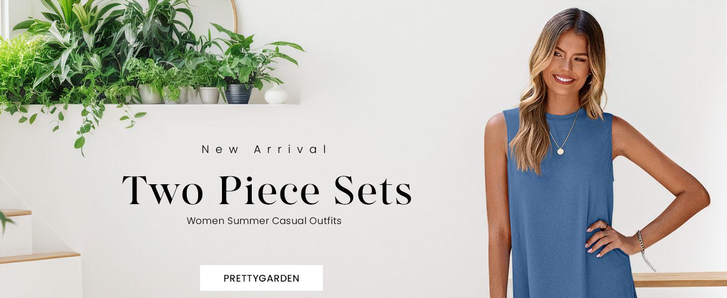 PRETTYGARDEN Sleeveless Crewneck Women's 2 Piece Sets Summer Matching Lounge Shorts Set Resort Airport Travel Outfit Split Hem Casual Clothes Basic Fitted Homewear