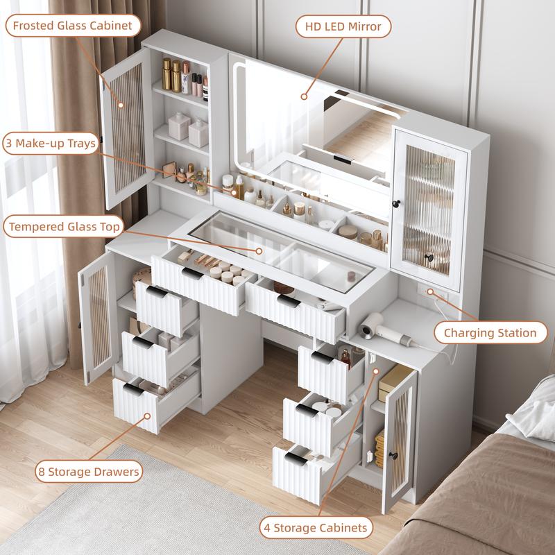 Fluted Makeup Vanity Desk with Mirror and Lights, 55" Glass Top Vanity with 8 Drawers & 4 RGB Glass Cabinets, Adjustable Shelves & Power Outlet, Modern Dressing Table for Women Girls Bedroom, Oak
