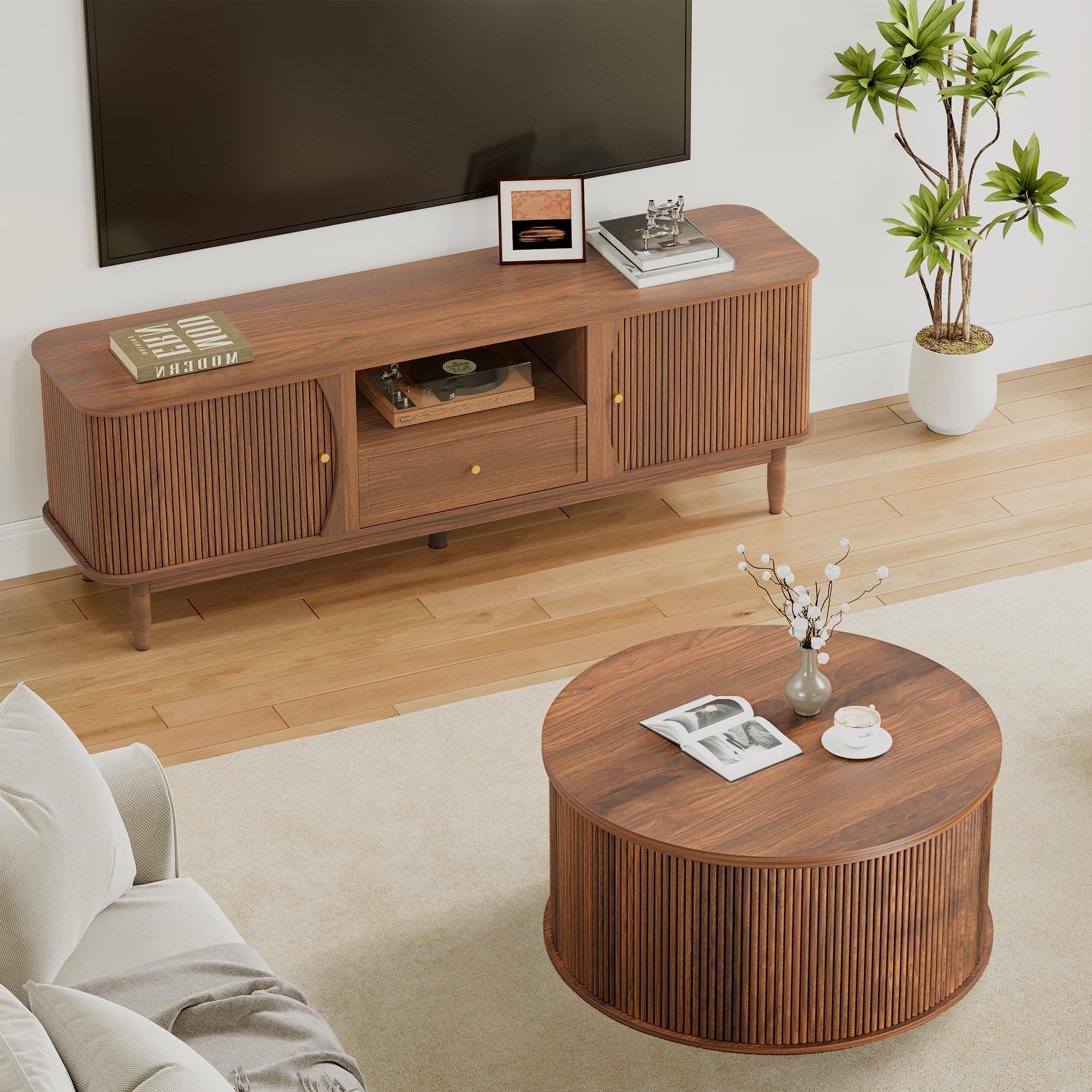 Giratree 31.58" Round Coffee Table, Lift Top Coffee Table with Storage, Farmhouse Fluted Center Table Circle Dining Table for Living Room, Reception Room, Home Office