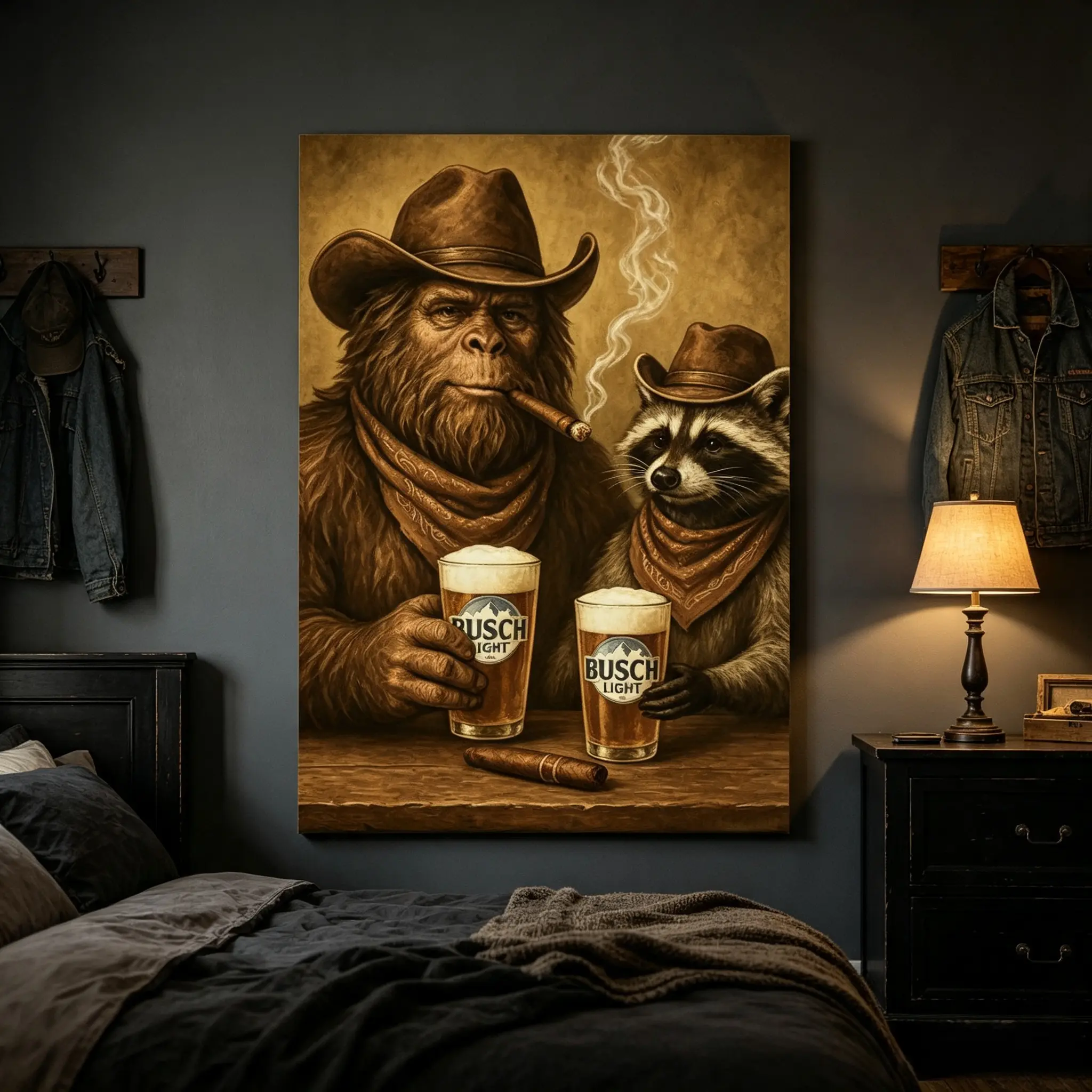 Western Style Sasquatch & Raccoon Bar Scene Framed Canvas Wall Art, Funny Wild Animals Drinking Beer Vintage Print, Warm Rustic Wall Decor For Bar Cabin Man Cave
