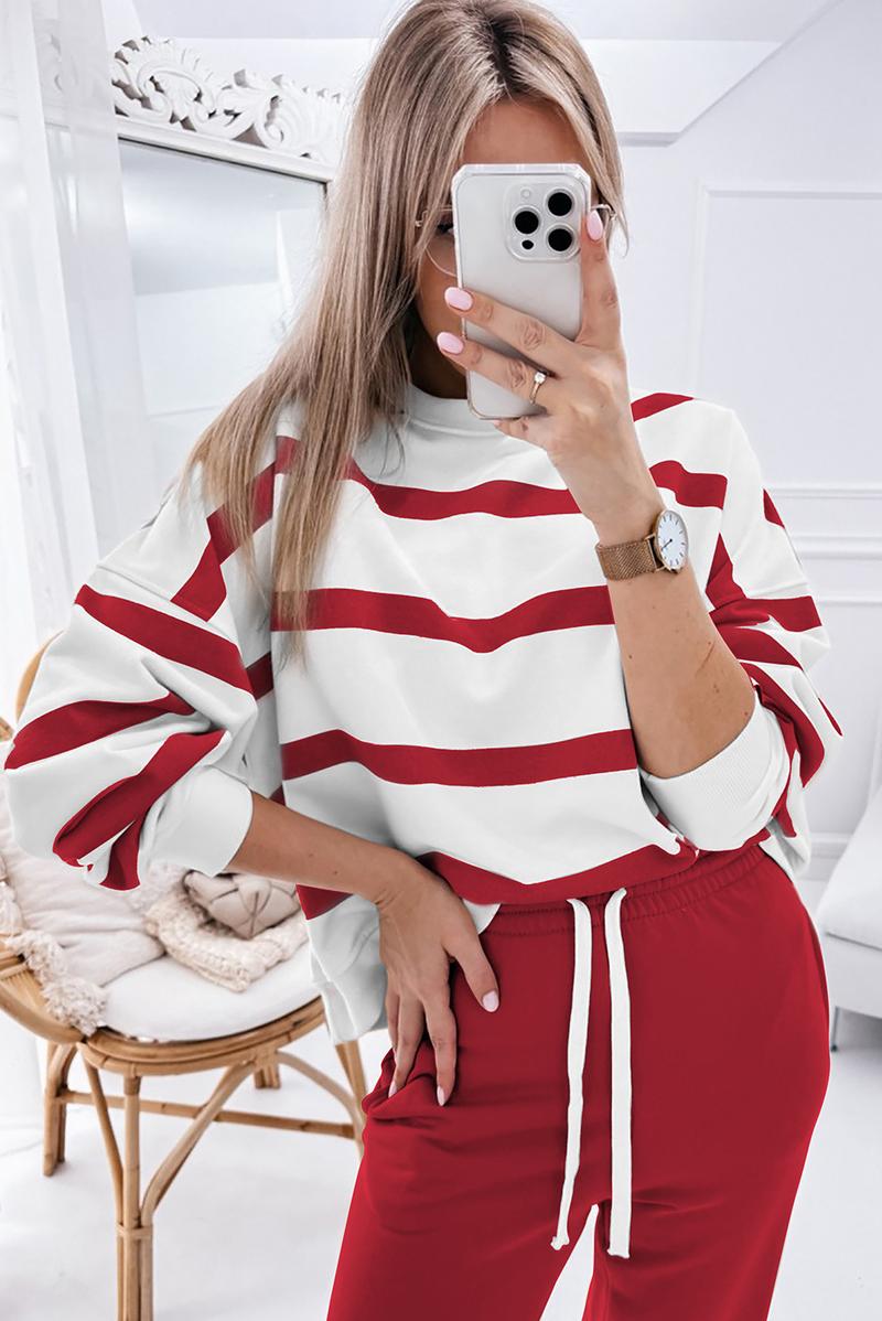 MULLVEIG Women's Stripe Drop Shoulder Pullover & Jogger Pants Set - Winter 2 Piece Lounge Outfit for Cozy Comfort Womenswear