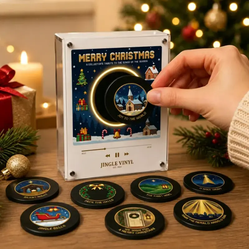 Christmas Mini Vinyl Record Music Box Set - Magnetic Fridge Music Player, 9-Disc Set, LED Lights for Festive Indoor Recreation Decor & Gifting