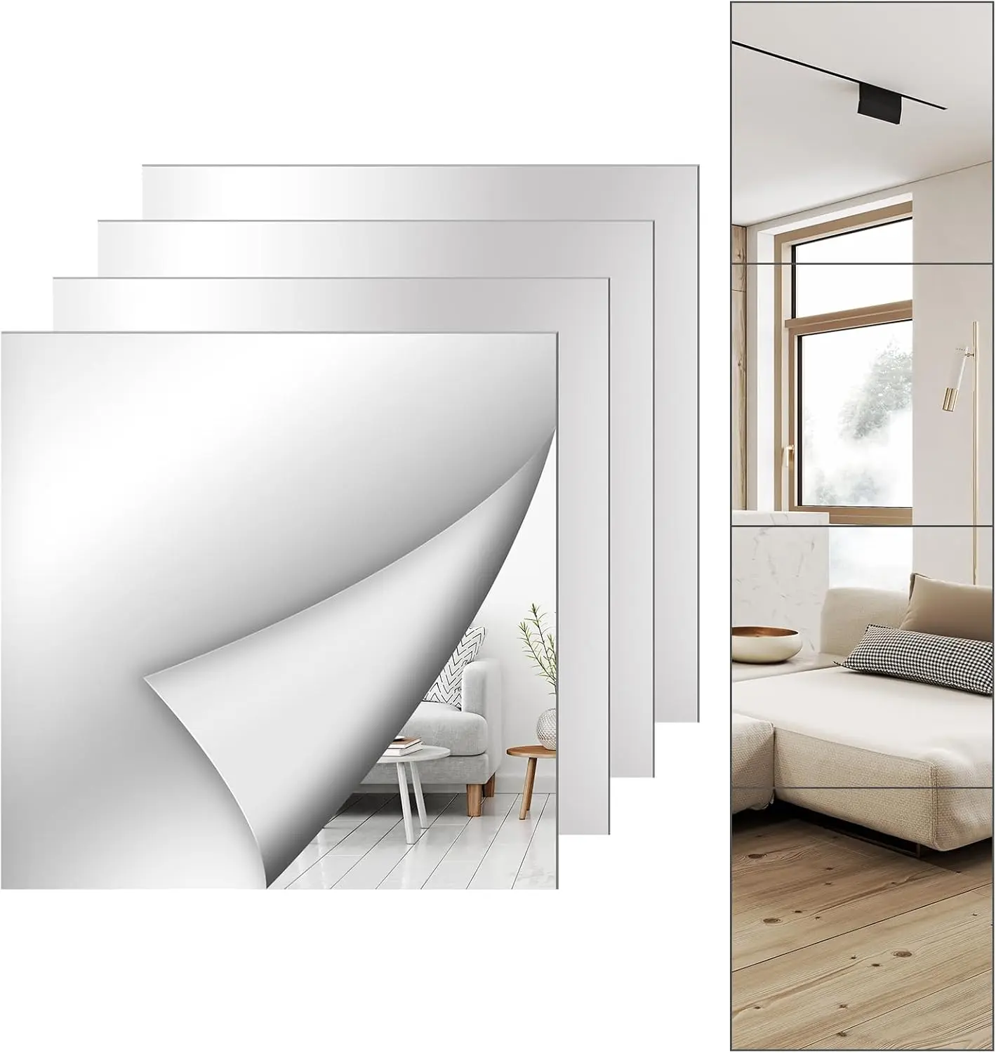 4-Pack 12x12in 2mm Square Modern Acrylic Decorative Wall Mirror Sheets - Shatterproof, Bendable, Sturdy Plastic, Eco-Friendly Reflective Plexiglass, Easy-to-Mount, Wood-Adhesive Tape Compatible, Advanced Craftsmanship for Bedroom, Workout Area, 12X12 In,,