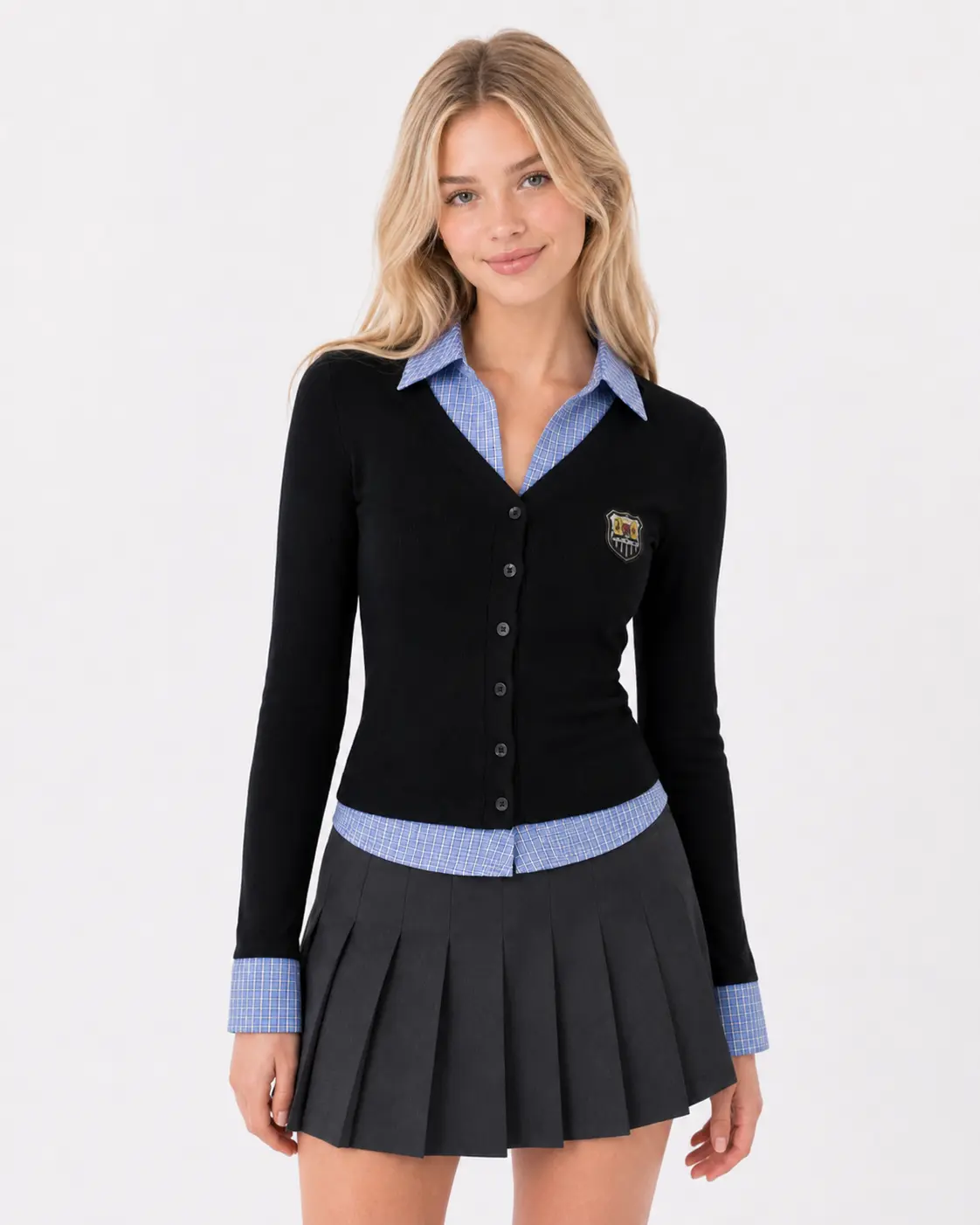 Aelfric Eden Plaid Panel Preppy Fake Two-Piece Knit Top Fake Two-Piece Design Preppy Badge Embroidery Fitted Silhouette Knit Fabric Women's Preppy Knit Top