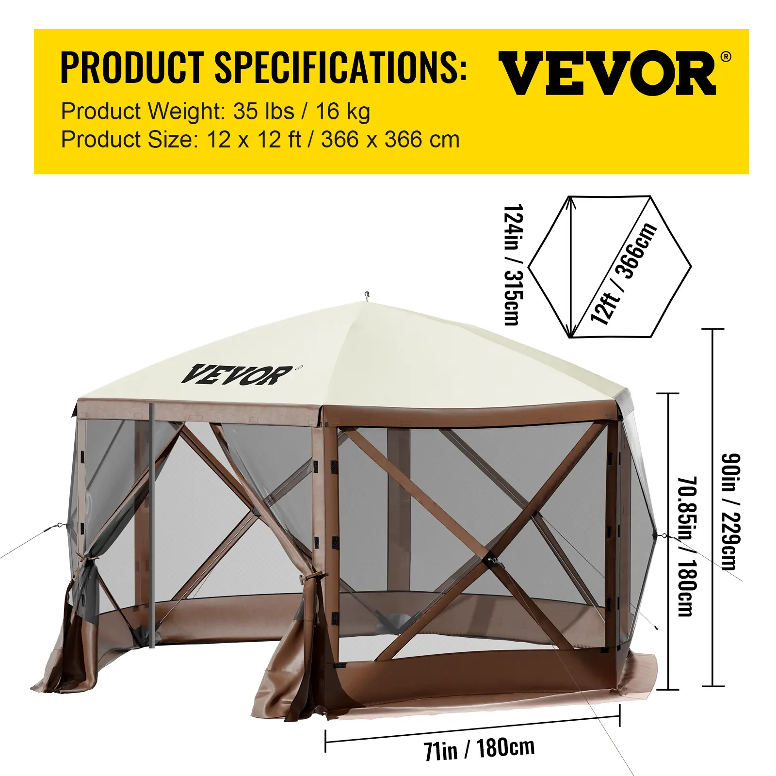 【summerfinds】VEVOR Gazebo Screen Tent, 12 x 12 ft, 6 Sided Pop-up Camping Canopy Shelter Tent with Mesh Windows, Portable Carry Bag, Ground Stakes, Large Shade Tents for Outdoor Camping, Lawn and Backyard