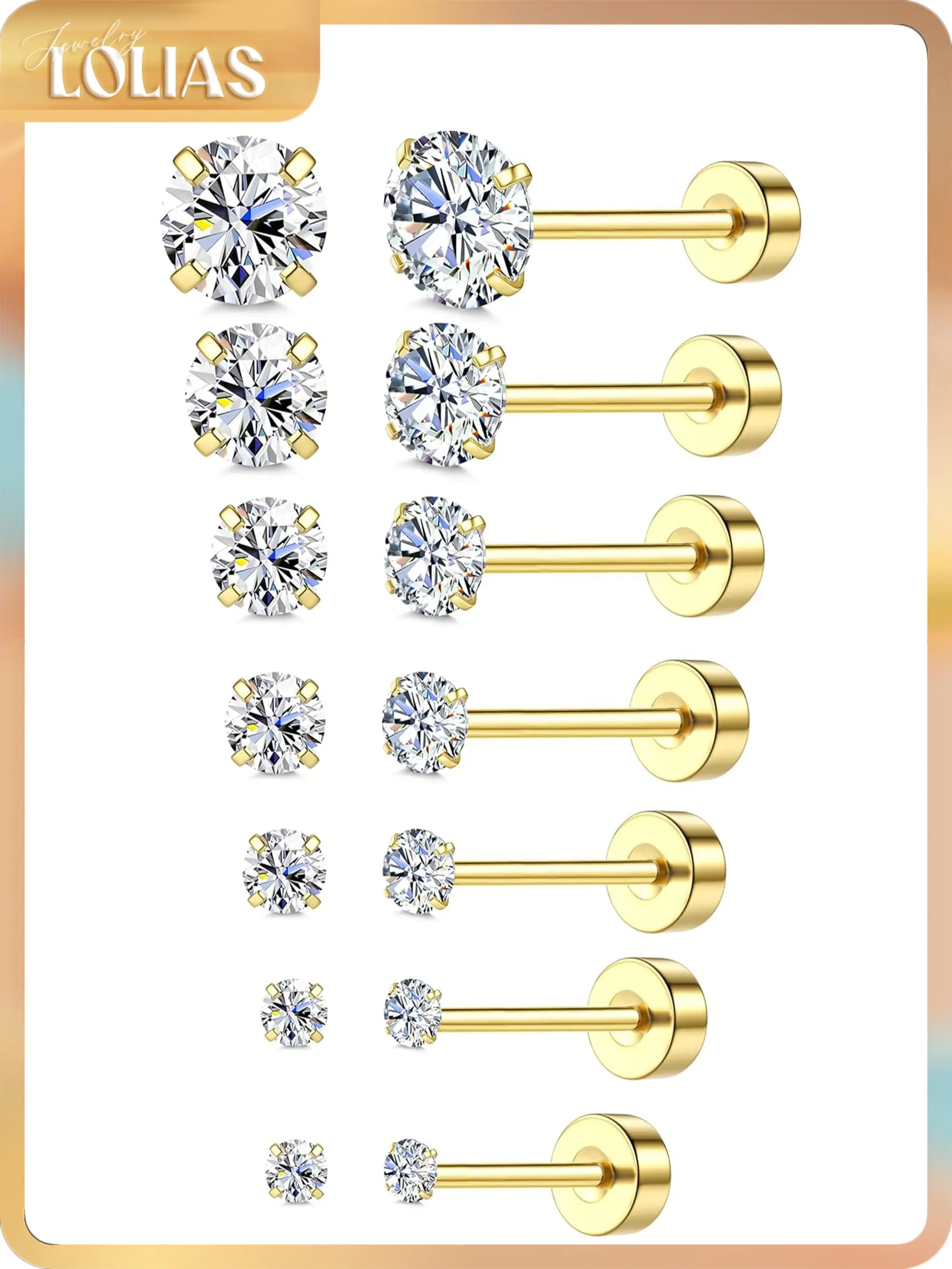 LOLIAS 18K Gold Plated 5A Cubic Zirconia Threadless Flat Back Earrings Surgical Stainless Steel Cubic Zirconia Earrings for Women Men Earrings Studs Dainty Push Pin Cartilage Earring Hypoallergenic