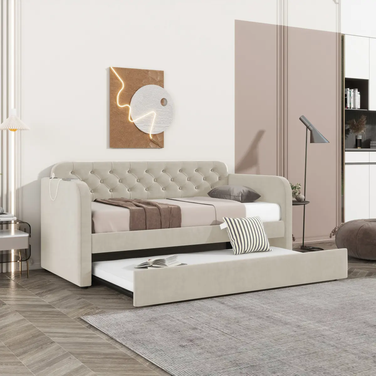 [Bellemave]Twin Size Upholstered Daybed with Trundle and USB Charging Design, Velvet Upholstered Daybed Frame, Twin Sofa Bed for Living Room Bedroom, No Box Spring Needed,Plush velvet fabric LIGHT BEIGE 2#    RR