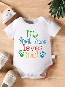 My Great Aunt Loves Me" Letter Print Newborn Baby Romper with Short Sleeves and Cute Onesie for Kids, Perfect for Outdoor