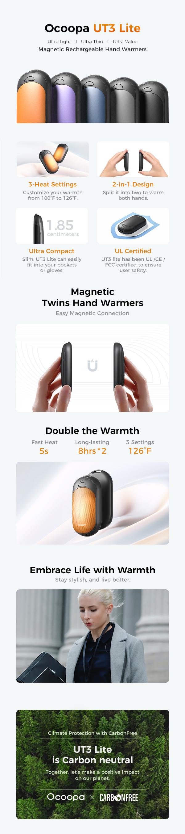 【OCOOPA】UT3 Lite Magnetic Hand Warmers 2 Pack – Rechargeable Fast Heating 3 Heat Modes Safe & Portable Pocket Heater Perfect Travel & Winter Gift for Women and Men