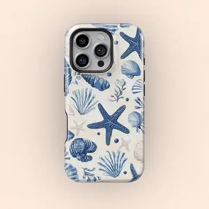 Watercolor Blue Nautical Coastal Beach Starfish and Seashells Phone Case, iPhone 17 16 15 14 13 12 11