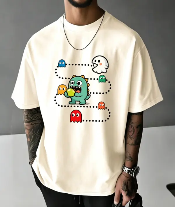 Men's Cute Dinosaur Pacman Ghost Graphic T-Shirt - Retro Arcade Aesthetic Half Sleeve Tee, Soft Cotton Oversized Streetwear Crewneck, All Seasons Nostalgic Gamer Top, 3XL-4XL Sizes for Teens & Adults, Tshirt, Cartoon Dinosaur Head Men's Short-Sleeve T-Shi
