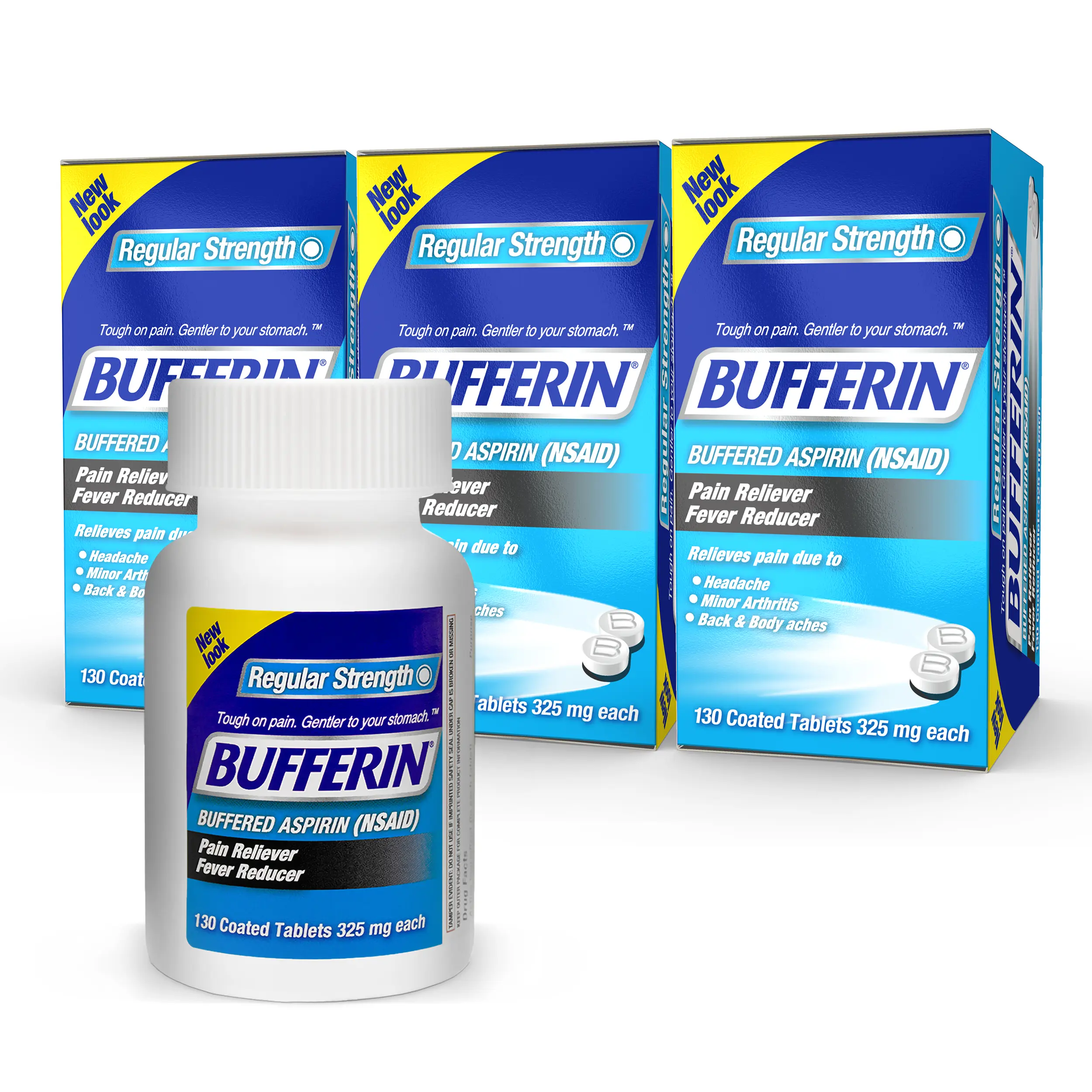 Bufferin Pain Reliever/Fever Reducer Coated Tablets, 325mg, 130 Count (Pack of 3) - Effective Pain Relief and Fever Reduction