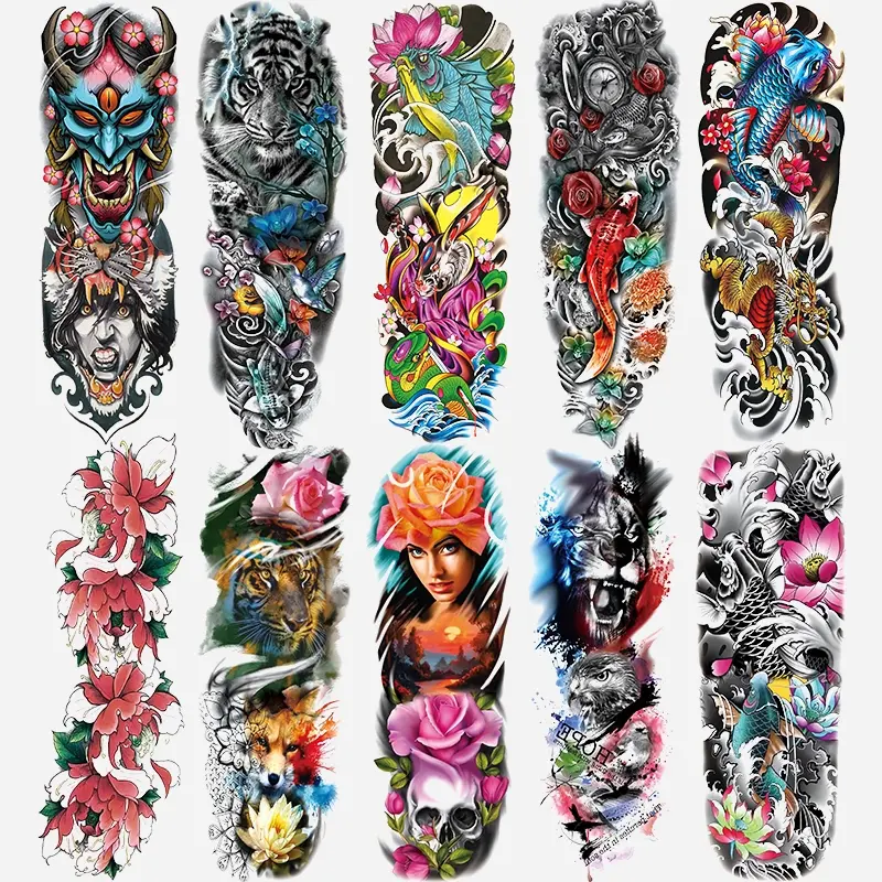 10 Colorful Sleeve Temporary Tattoo Stickers, Full Arm Waterproof Designs, Koi Tiger Floral Patterns, Body Art for Women Party Makeup, Body Fake Tattoos, Ephemeral Tattoos