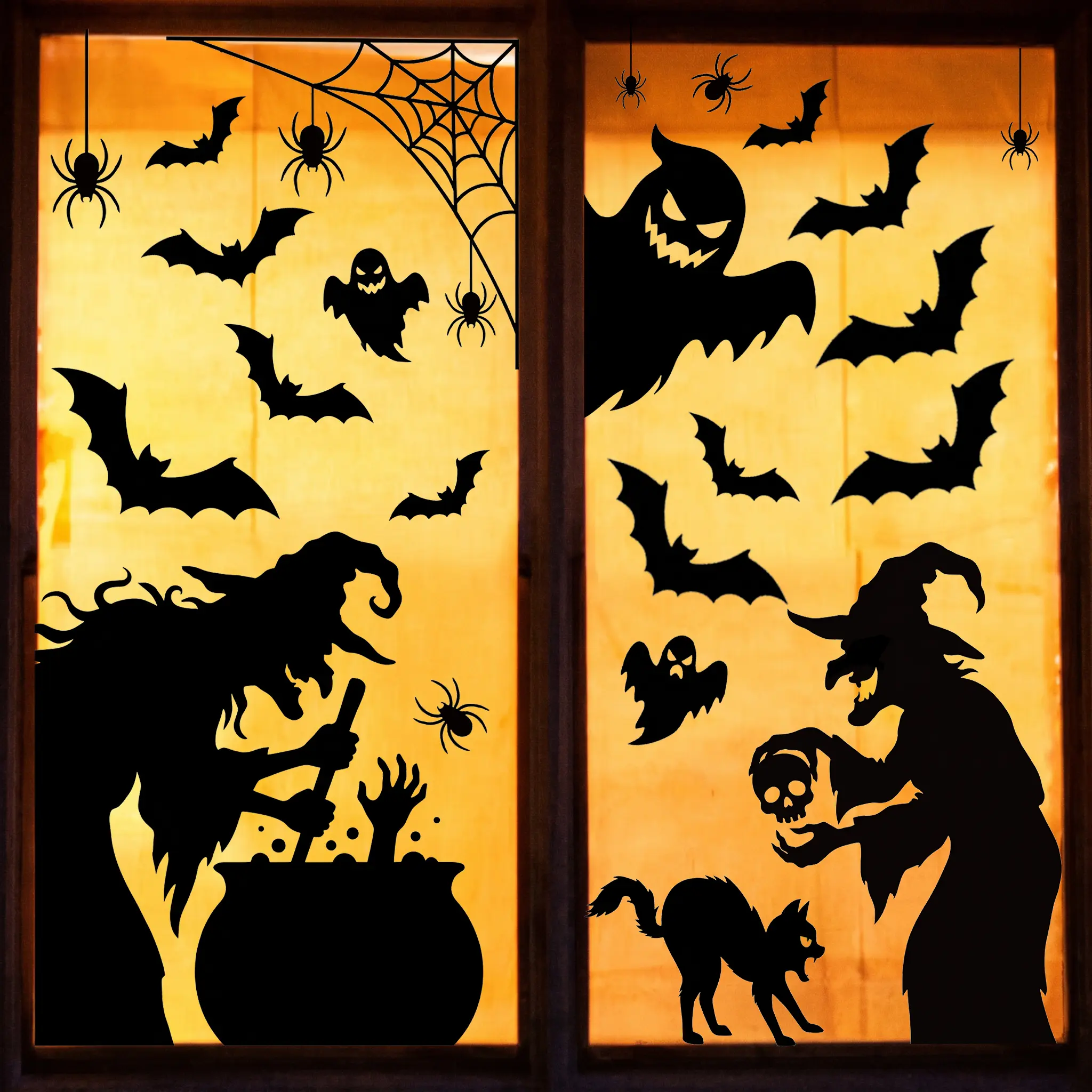 Large Halloween Window Clings Decorations 4 Sheets, Spooky Scary Witch Silhouette Window Stickers Decals, Halloween Window Silhouettes Decor For Glass Windows, Indoor Outdoor Halloween Window Decor Supplies, Party Favor For Home Door Wall Stickers