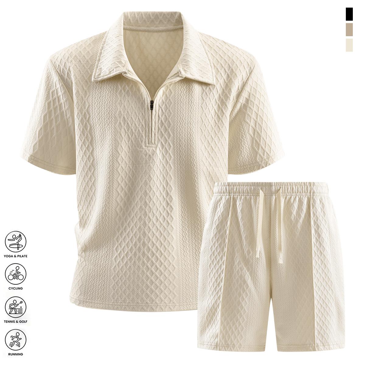 Men's two-piece set summer solid color casual sports short-sleeve polo shirt with lightweight pocket drawstring elastic waist shorts suitable for vacation beach golf outdoor sports breathable cool soft mesh fabric an essential for summer