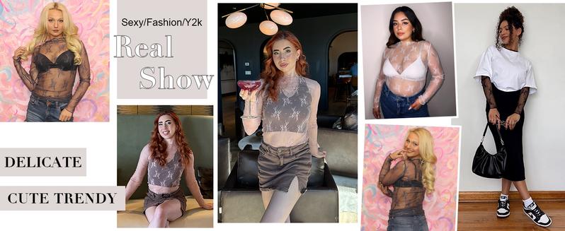 Tanming Womens Mesh Tops Lace Spring Long Sleeve Shirts Slim Fitted Outfits See Through Blouses Springfresh Summer Top