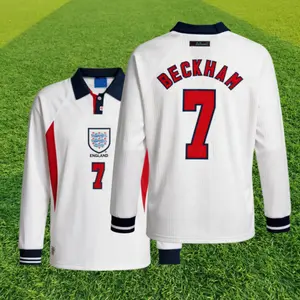 1998 World Cup England Red and White Home No. 7 David Beckham Long Sleeve Soccer Jersey Quick Drying