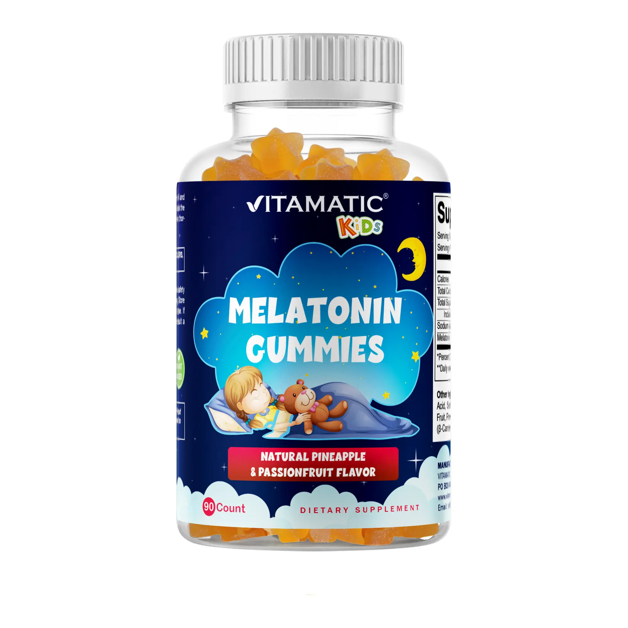 Vitamatic Kids' Edible 1mg Melatonin Sugar-Free Gummies - 90 Lactose-Free Pineapple & Passionfruit Flavored Vitamin Supplements, 90-Day Supply for Self-Care Needs