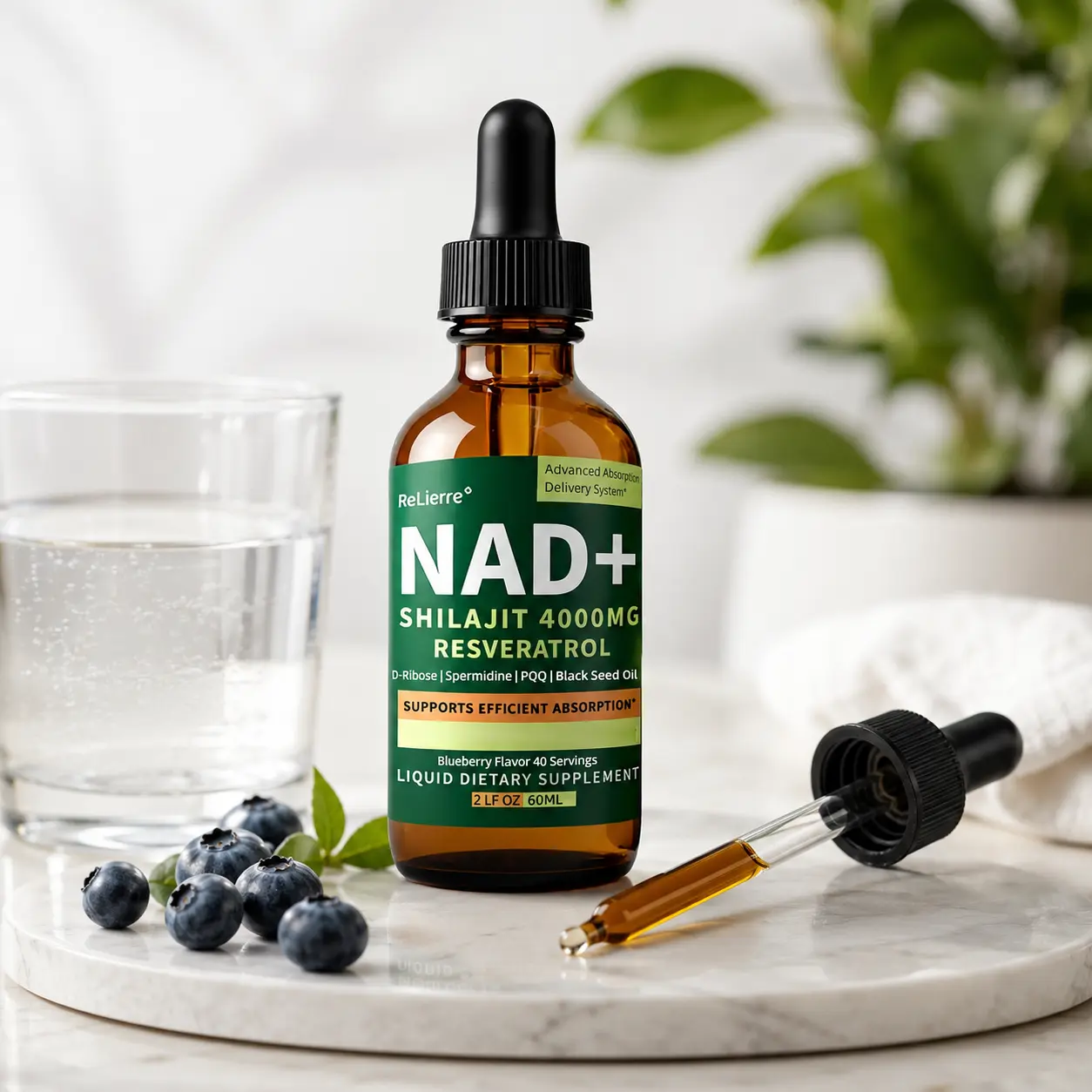 ReLierre Liposomal NAD+ Liquid Supplement with Shilajit & Resveratrol, Daily Wellness Support, 60 mL / 2 fl oz