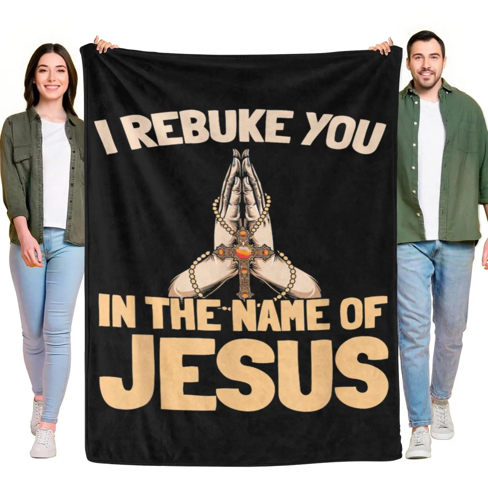 I Rebuke You In The Name Of Jesus Vintage Praying Hands Cross Rosary Print Throw Blanket, Religious Scripture Lightweight Blanket For Prayer Room Decor