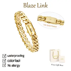BlazeLink 14K Gold Plated Miami Cuban Link Bracelet – 6-14mm S-Clasp, 316L Stainless Steel, Waterproof & Hypoallergenic Hip-Hop men's Jewelry for Men & Women, Streetwear Accessory & unisex Gift