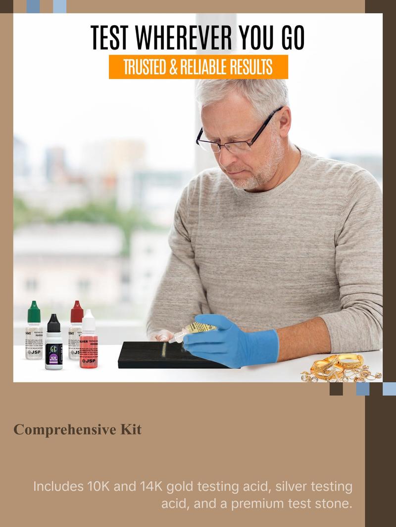JSP 10K 14K Gold & Silver Sterling Jewelry Test Kit with 0.5 oz Acid Solutions & Premium Test Stone for Gold & Silver Investors