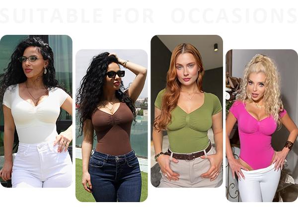 FeelinGirl Women's Short Sleeve Bodysuit for Tummy Control V Neck Seamless Body Suits Thong Going Out Tops Springtok Shapewear Womenswear Compression Elegant Fitted