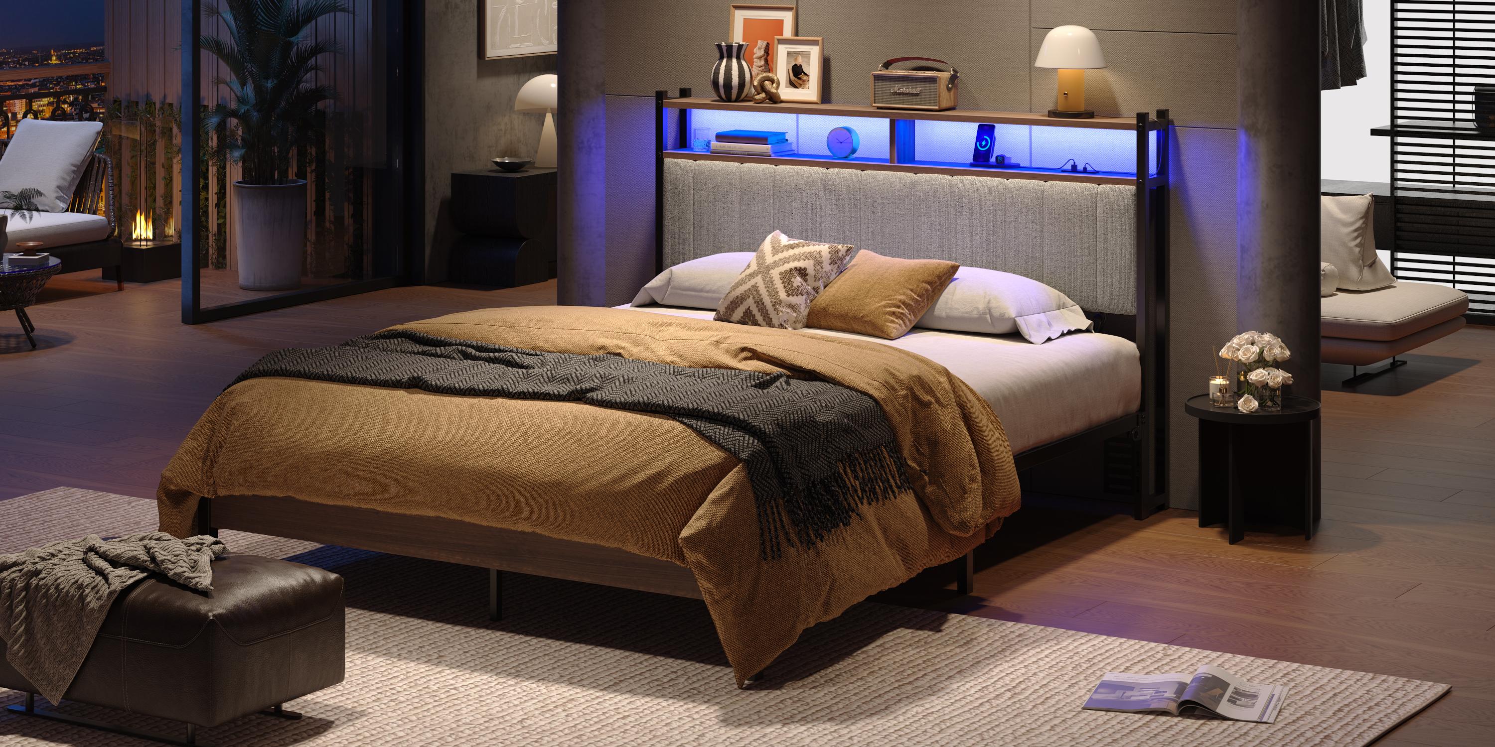 Pinmoco Upholstered Headboard with Storage, Linen Head Board with LED Light and Charging Station 【Headboard Only】