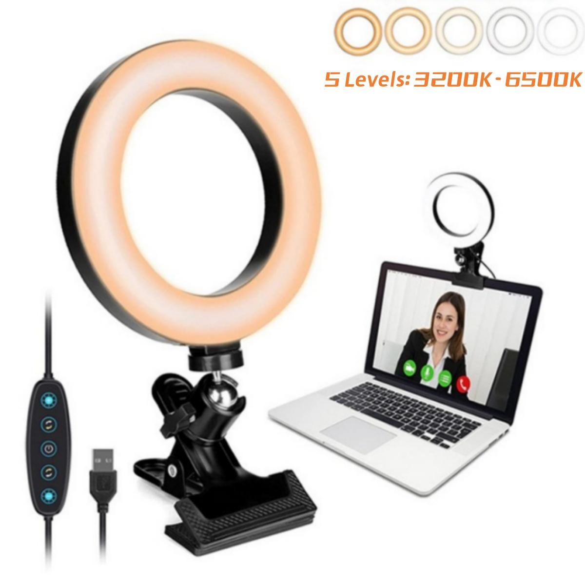 2 in 1 Ring Light Clip on & Bracket Kit, Mini Portable Video Conference Lighting with Desk Stand Kit, Clip on Laptop Monitor with 5 Dimmable Color & 5 Brightness Level for Phone Selfie Lighting Working Live Streaming, For Girls Women Lover Friend Gift