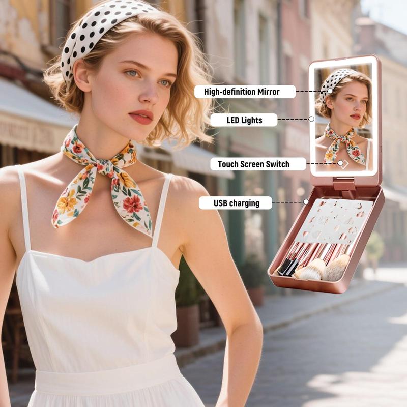 Makeup Brushes 21 Pcs Double-ended Kabuki Brush Travel Makeup Brushes for Foundation Powder Concealers Eye Shadows Makeup Tools Set with LED light Mirror (Pink)