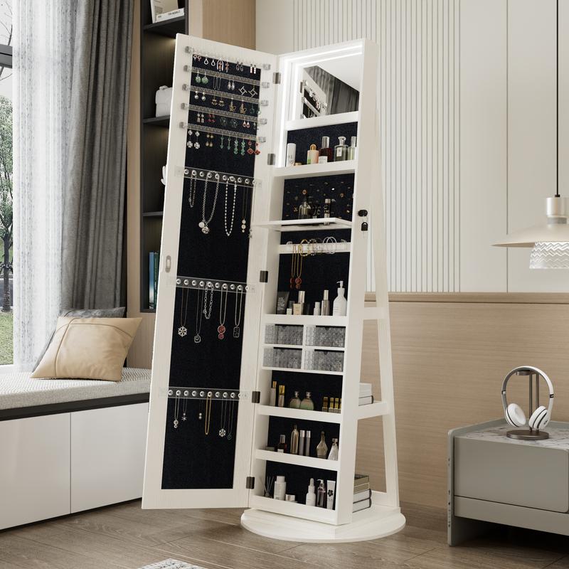 LED Mirror Jewelry Cabinet, 360° Swivel Rotating Armoire Organizer with Lock & Full-Length Mirror, Standing Storage