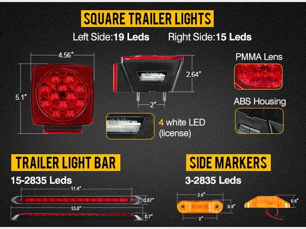 Partsam Submersible LED Trailer Tail Light Kit, Square Trailer Lights+Light Bar+8 Side Markers, with 25FT Wiring Harness for Boat Trailer