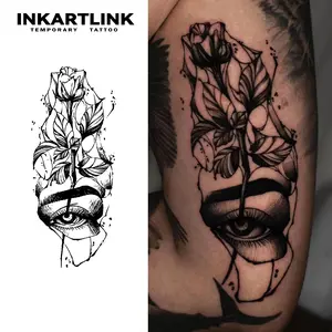 INKARTLINK Tattoo Tech, 2 Sheets Large Semi Permanent Tattoo, Adult Art Design Temporary Tattoos, Lasts 1-2 Weeks, Waterproof, Realistic Look, No Adhesive, No Reflection (Rose and Eye Design)